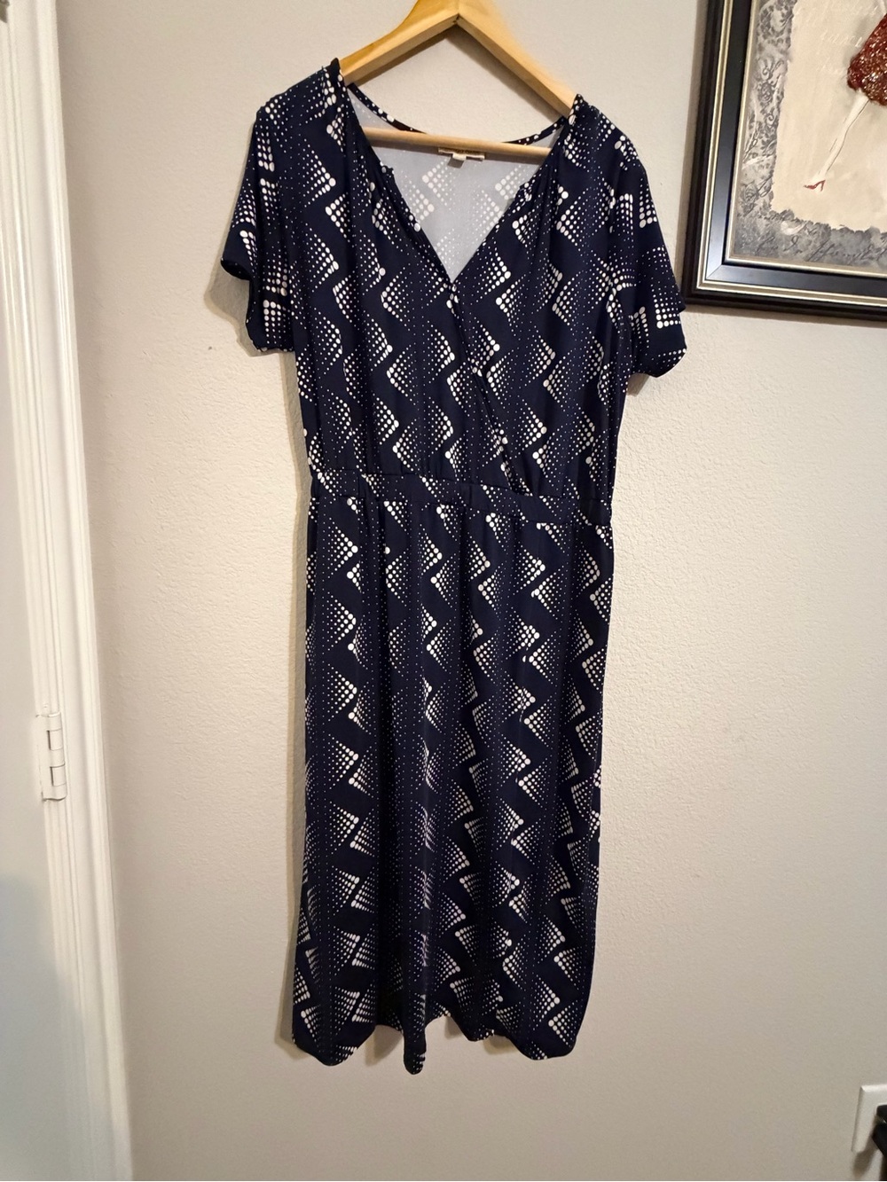 Navy Midi Dress with White Geometric Print and V-Neck